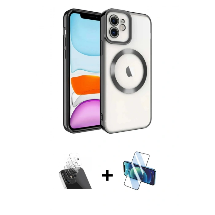 MARSİLYAN™- iPhone 11 Kılıf Nova Işık Özel Seri - Siyah 3D Antistatik Cam Ekran Koruyucu + Kamera Lens Koruma Cam - SF