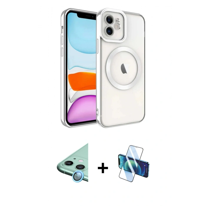 MARSİLYAN™- iPhone 11 Kılıf Nova Işık Özel Seri - Siyah 3D Antistatik Cam Ekran Koruyucu + Mavi Raze Metal Kamera Lens