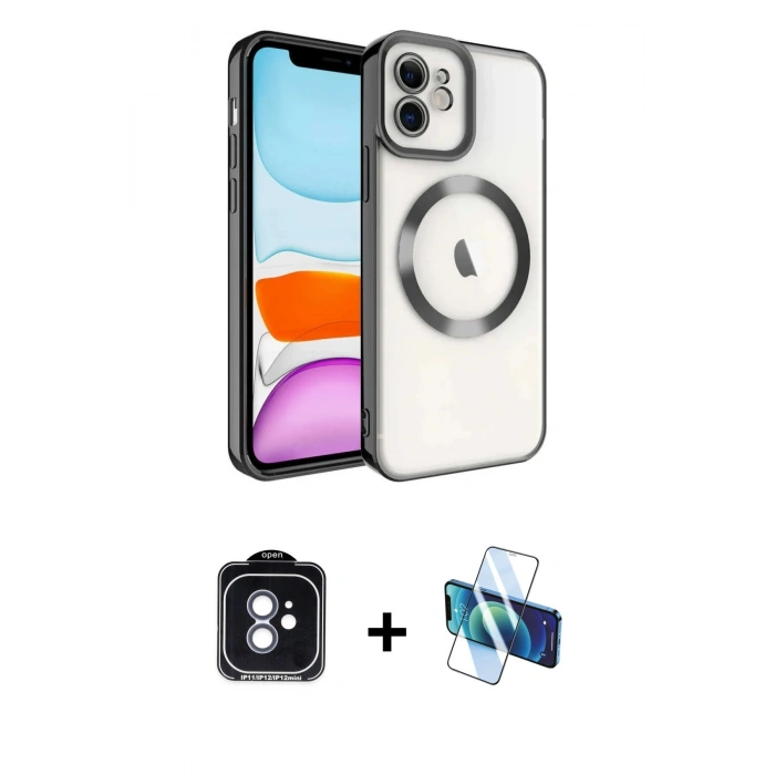MARSİLYAN™- iPhone 11 Kılıf Nova Işık Özel Seri - Siyah 3D Antistatik Cam Ekran Koruyucu + PVD Metal Kamera Lens - MI