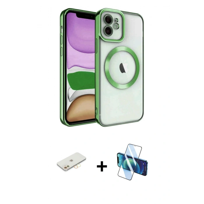 MARSİLYAN™- iPhone 11 Kılıf Nova Işık Özel Seri - Siyah 3D Antistatik Cam Ekran Koruyucu + Renkli Kamera Lens Koruma Cam - SI