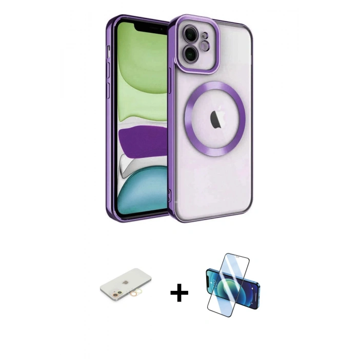 MARSİLYAN™- iPhone 11 Kılıf Nova Işık Özel Seri - Siyah 3D Antistatik Cam Ekran Koruyucu + Renkli Kamera Lens Koruma Cam - SI