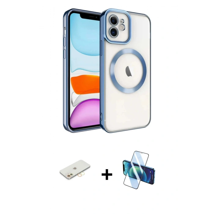 MARSİLYAN™- iPhone 11 Kılıf Nova Işık Özel Seri - Siyah 3D Antistatik Cam Ekran Koruyucu + Renkli Kamera Lens Koruma Cam - SI