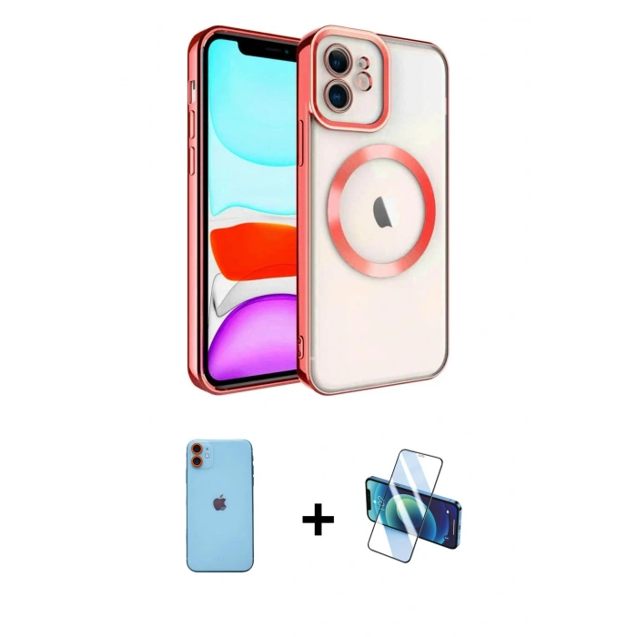 MARSİLYAN™- iPhone 11 Kılıf Nova Işık Özel Seri - Siyah 3D Antistatik Cam Ekran Koruyucu + Turuncu Neon Fosforlu Kamera Lens