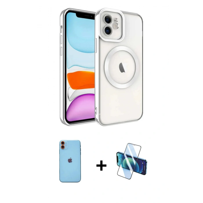 MARSİLYAN™- iPhone 11 Kılıf Nova Işık Özel Seri - Siyah 3D Antistatik Cam Ekran Koruyucu + Turuncu Neon Fosforlu Kamera Lens