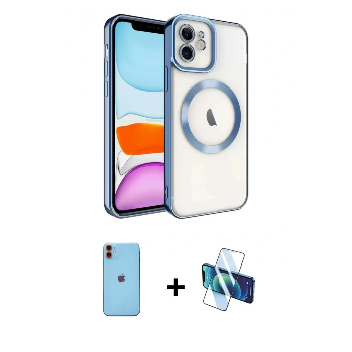 MARSİLYAN™- iPhone 11 Kılıf Nova Işık Özel Seri - Siyah 3D Antistatik Cam Ekran Koruyucu + Turuncu Neon Fosforlu Kamera Lens