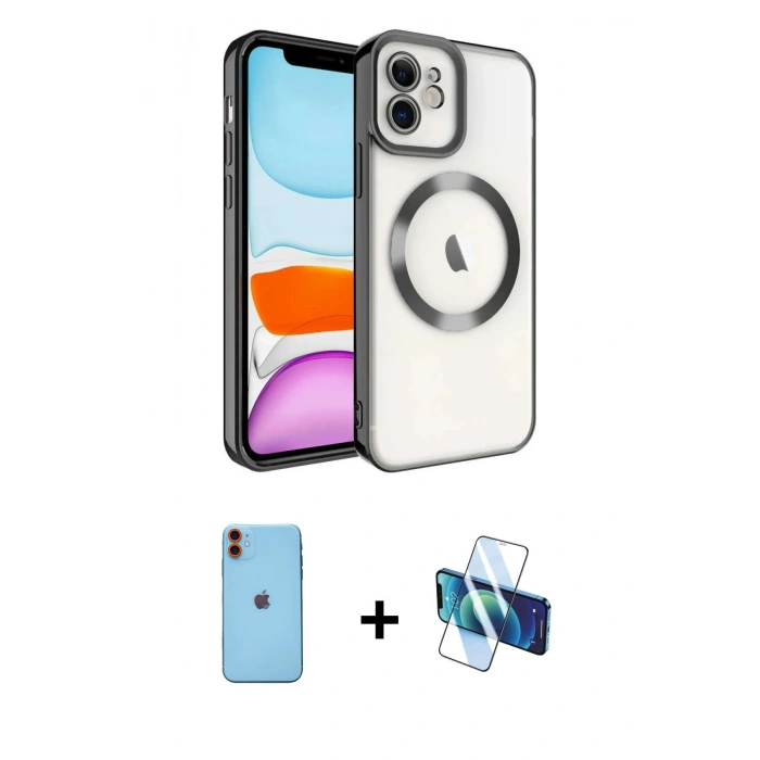 MARSİLYAN™- iPhone 11 Kılıf Nova Işık Özel Seri - Siyah 3D Antistatik Cam Ekran Koruyucu + Turuncu Neon Fosforlu Kamera Lens