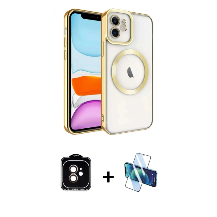MARSİLYAN™- iPhone 11 Kılıf Nova Işık Özel Seri - Siyah 3D Antistatik Cam Ekran Koruyucu + Turuncu PVD Metal Kamera Lens