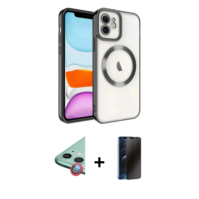 MARSİLYAN™- iPhone 11 Kılıf Nova Işık Özel Seri - Siyah 3D Antistatik Hayalet Cam Ekran Koruyucu + Raze Metal Kamera Lens - KI