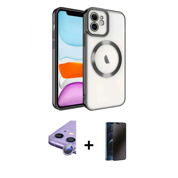 MARSİLYAN™- iPhone 11 Kılıf Nova Işık Özel Seri - Siyah 3D Antistatik Hayalet Cam Ekran Koruyucu + Raze Metal Kamera Lens - MR