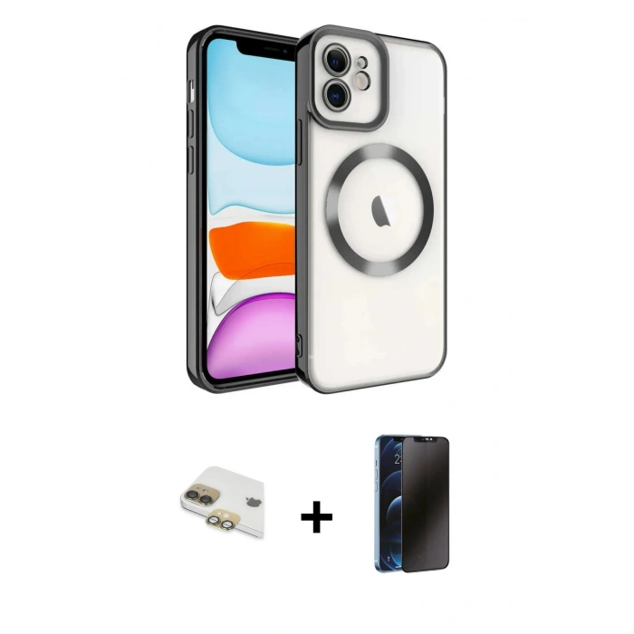 MARSİLYAN™- iPhone 11 Kılıf Nova Işık Özel Seri - Siyah 3D Antistatik Hayalet Cam Ekran Koruyucu + Pers Alüminyum Kamera Lens - GD