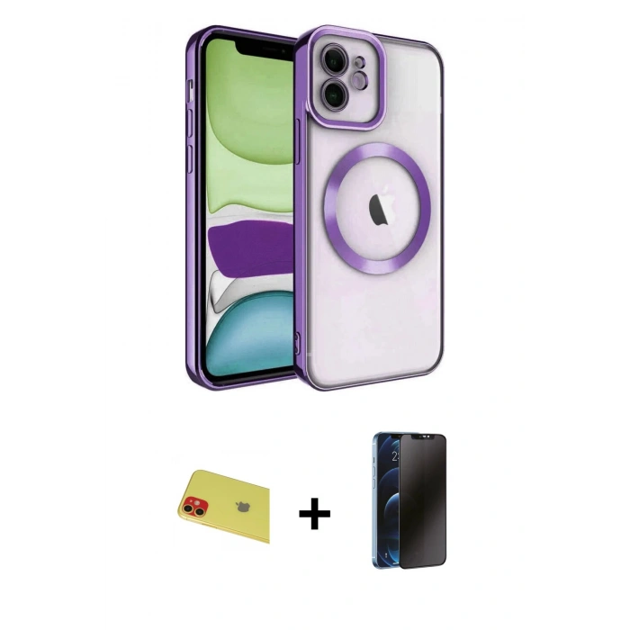MARSİLYAN™- iPhone 11 Kılıf Nova Işık Özel Seri - Siyah 3D Antistatik Hayalet Cam Ekran Koruyucu + Rainbow Kamera Lens Koruma Cam - KI