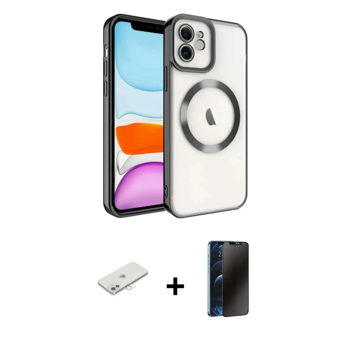 MARSİLYAN™- iPhone 11 Kılıf Nova Işık Özel Seri - Siyah 3D Antistatik Hayalet Cam Ekran Koruyucu + Renkli Kamera Lens Koruma Cam - SI