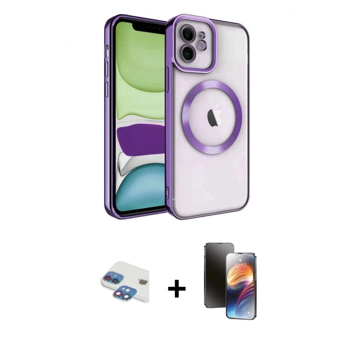 MARSİLYAN™- iPhone 11 Kılıf Nova Işık Özel Seri - Siyah 3D Antistatik Mat Seramik Nano Ekran Koruyucu + Gökkuşağı Pers Alüminyum Kamera Lens