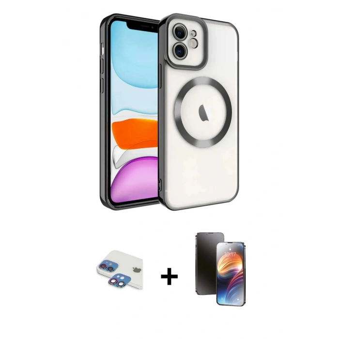 MARSİLYAN™- iPhone 11 Kılıf Nova Işık Özel Seri - Siyah 3D Antistatik Mat Seramik Nano Ekran Koruyucu + Gökkuşağı Pers Alüminyum Kamera Lens