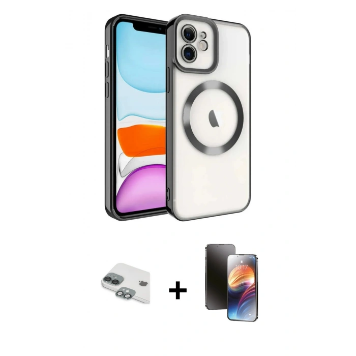 MARSİLYAN™- iPhone 11 Kılıf Nova Işık Özel Seri - Siyah 3D Antistatik Mat Seramik Nano Ekran Koruyucu + Pers Alüminyum Kamera Lens - YL