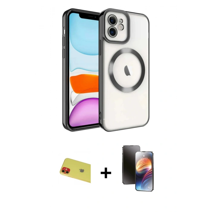 MARSİLYAN™- iPhone 11 Kılıf Nova Işık Özel Seri - Siyah 3D Antistatik Mat Seramik Nano Ekran Koruyucu + Rainbow Kamera Lens Koruma Cam - KI