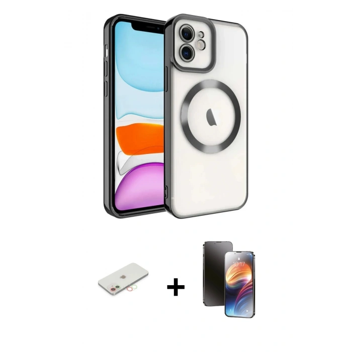 MARSİLYAN™- iPhone 11 Kılıf Nova Işık Özel Seri - Siyah 3D Antistatik Mat Seramik Nano Ekran Koruyucu + Renkli Kamera Lens Koruma Cam - YL