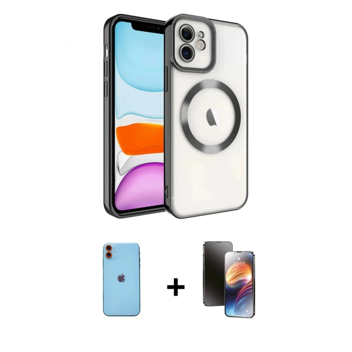 MARSİLYAN™- iPhone 11 Kılıf Nova Işık Özel Seri - Siyah 3D Antistatik Mat Seramik Nano Ekran Koruyucu + Neon Fosforlu Kamera Lens - TU