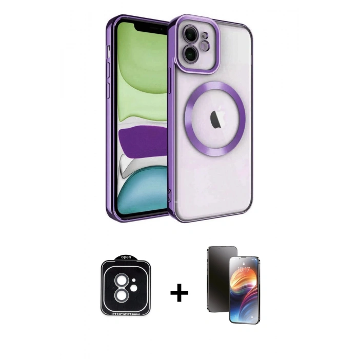 MARSİLYAN™- iPhone 11 Kılıf Nova Işık Özel Seri - Siyah 3D Antistatik Mat Seramik Nano Ekran Koruyucu + Yeşil PVD Metal Kamera Lens