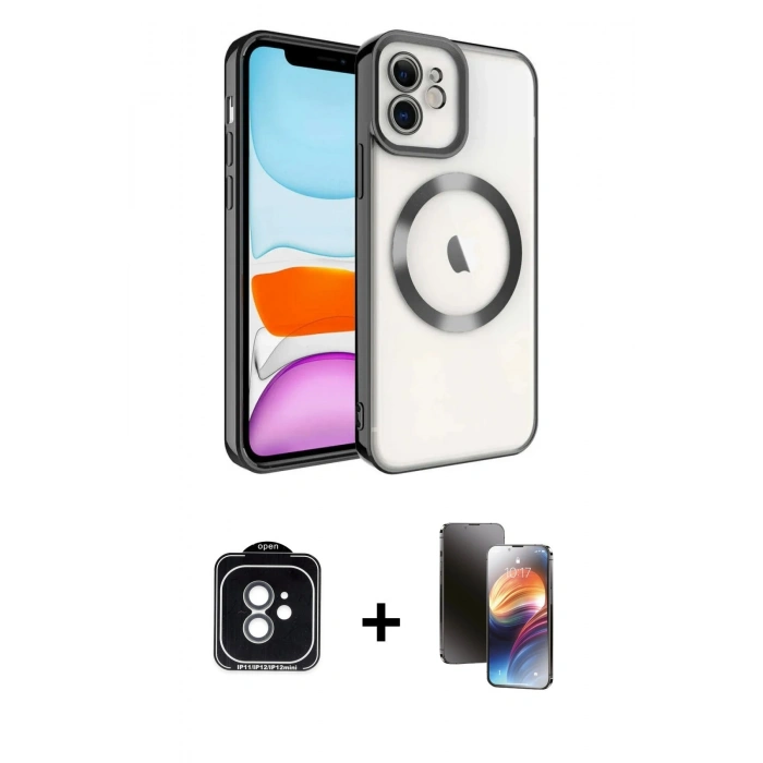 MARSİLYAN™- iPhone 11 Kılıf Nova Işık Özel Seri - Siyah 3D Antistatik Mat Seramik Nano Ekran Koruyucu + Yeşil PVD Metal Kamera Lens
