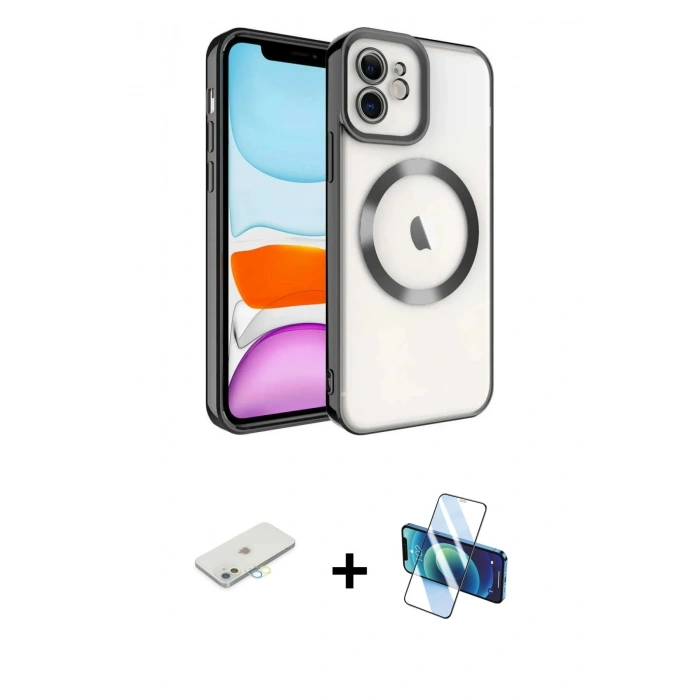 MARSİLYAN™- iPhone 11 Kılıf Nova Işık Özel Seri - Siyah 3D Antistatik Seramik Nano Ekran Koruyucu + Renkli Kamera Lens Koruma Cam - SI