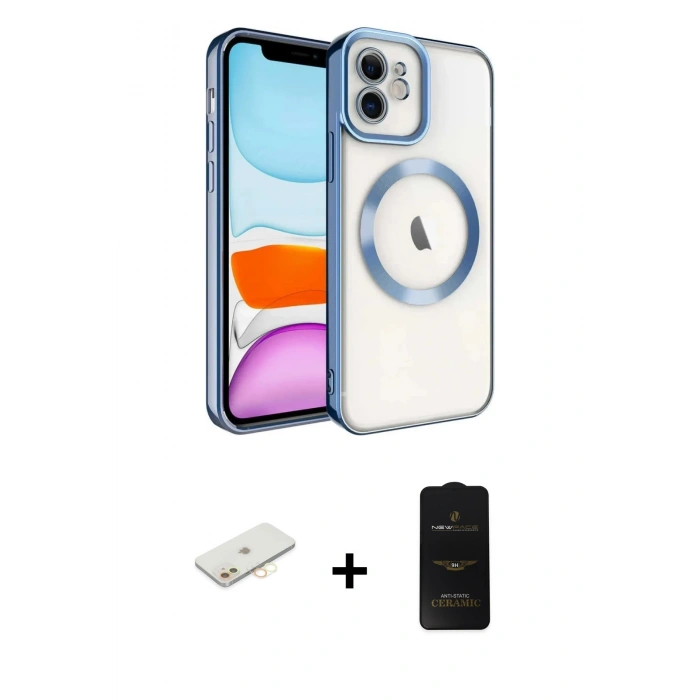 MARSİLYAN™- iPhone 11 Kılıf Nova Işık Özel Seri - Siyah 6D Antistatik Mat Seramik Hayalet Nano Ekran Koruyucu + Sarı Renkli Kamera Lens Koruma Cam