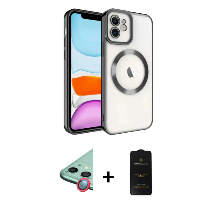 MARSİLYAN™- iPhone 11 Kılıf Nova Işık Özel Seri - Siyah 6D Antistatik Mat Seramik Hayalet Nano Ekran Koruyucu + Kırmızı Raze Metal Kamera Lens