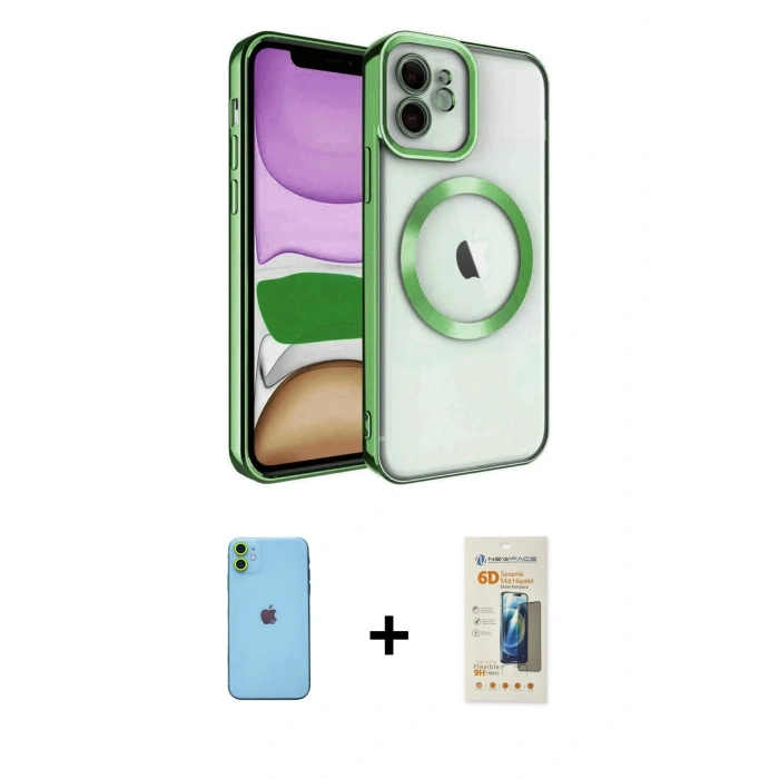 MARSİLYAN™- iPhone 11 Kılıf Nova Işık Özel Seri - Siyah 6D Mat Seramik Hayalet Nano Ekran Koruyucu + Neon Fosforlu Kamera Lens - YL
