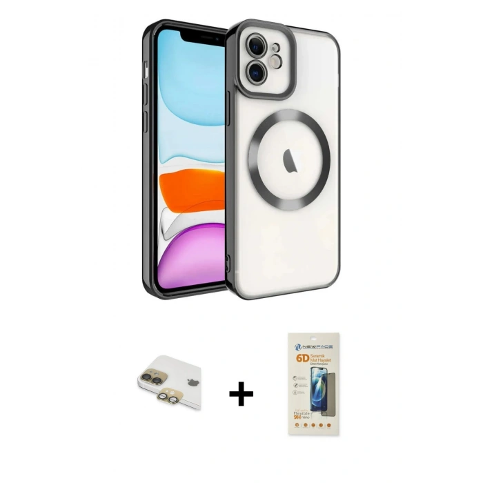 MARSİLYAN™- iPhone 11 Kılıf Nova Işık Özel Seri - Siyah 6D Mat Seramik Hayalet Nano Ekran Koruyucu + Pers Alüminyum Kamera Lens - GD