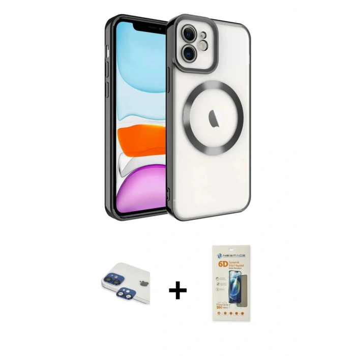 MARSİLYAN™- iPhone 11 Kılıf Nova Işık Özel Seri - Siyah 6D Mat Seramik Hayalet Nano Ekran Koruyucu + Pers Alüminyum Kamera Lens - LT