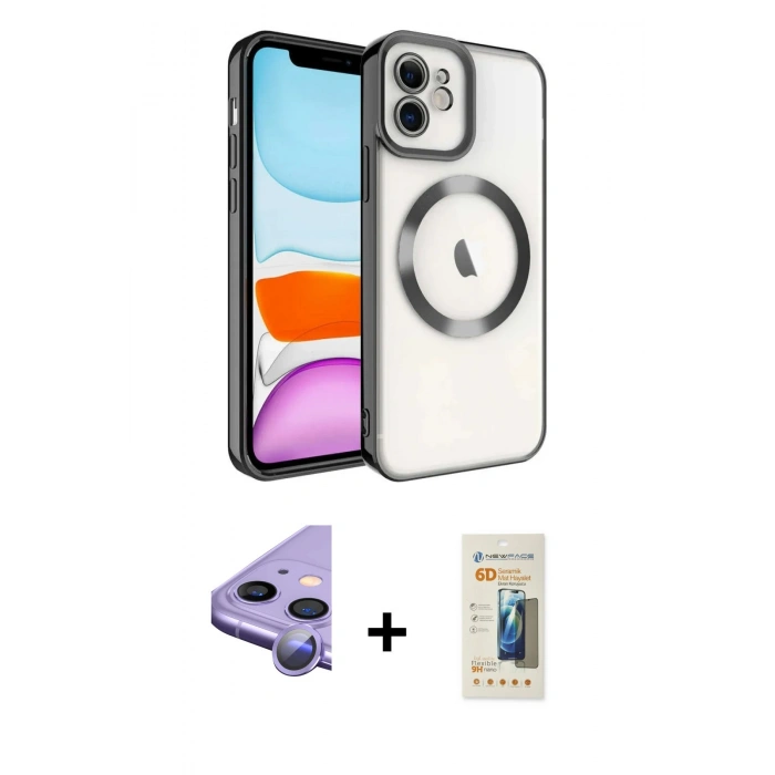 MARSİLYAN™- iPhone 11 Kılıf Nova Işık Özel Seri - Siyah 6D Mat Seramik Hayalet Nano Ekran Koruyucu + Raze Metal Kamera Lens - MR