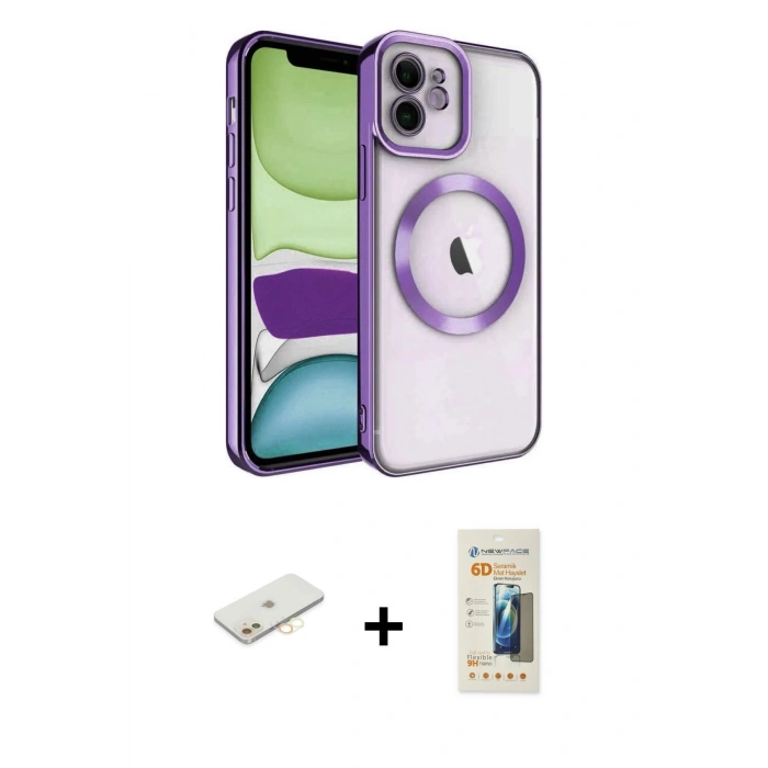 MARSİLYAN™- iPhone 11 Kılıf Nova Işık Özel Seri - Siyah 6D Mat Seramik Hayalet Nano Ekran Koruyucu + Renkli Kamera Lens Koruma Cam - SI