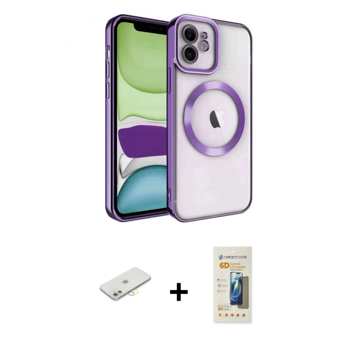 MARSİLYAN™- iPhone 11 Kılıf Nova Işık Özel Seri - Siyah 6D Mat Seramik Hayalet Nano Ekran Koruyucu + Renkli Kamera Lens Koruma Cam - SI