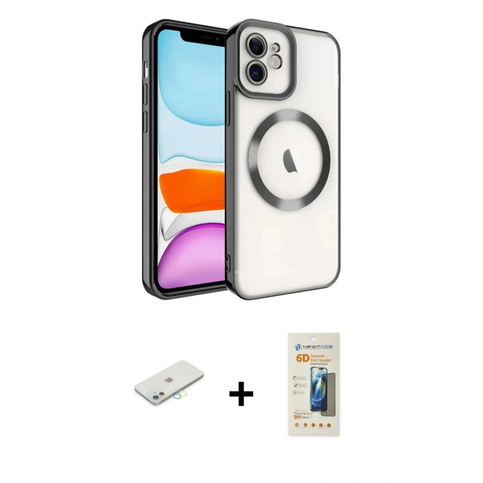 MARSİLYAN™- iPhone 11 Kılıf Nova Işık Özel Seri - Siyah 6D Mat Seramik Hayalet Nano Ekran Koruyucu + Renkli Kamera Lens Koruma Cam - SI