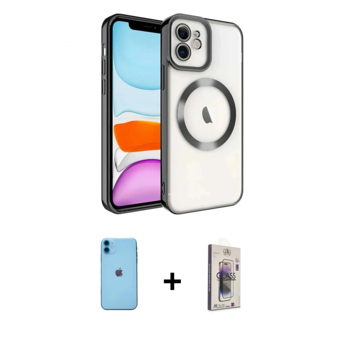 MARSİLYAN™- iPhone 11 Kılıf Nova Işık Özel Seri - Siyah Bilvis 3D Cam Ekran Koruyucu + Neon Fosforlu Kamera Lens - MI