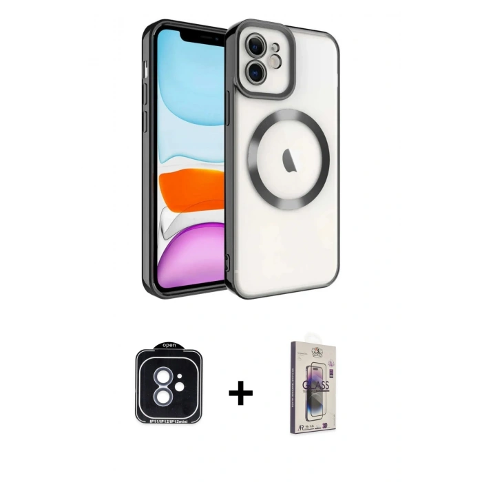 MARSİLYAN™- iPhone 11 Kılıf Nova Işık Özel Seri - Siyah Bilvis 3D Cam Ekran Koruyucu + PVD Metal Kamera Lens - MI