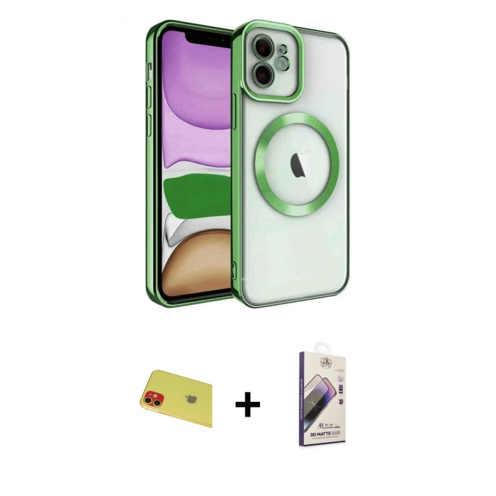 MARSİLYAN™- iPhone 11 Kılıf Nova Işık Özel Seri - Siyah Bilvis 3D Mat Cam Ekran Koruyucu + Kırmızı Rainbow Kamera Lens Koruma Cam