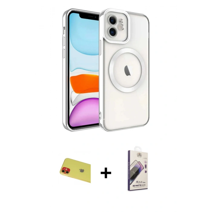 MARSİLYAN™- iPhone 11 Kılıf Nova Işık Özel Seri - Siyah Bilvis 3D Mat Cam Ekran Koruyucu + Kırmızı Rainbow Kamera Lens Koruma Cam