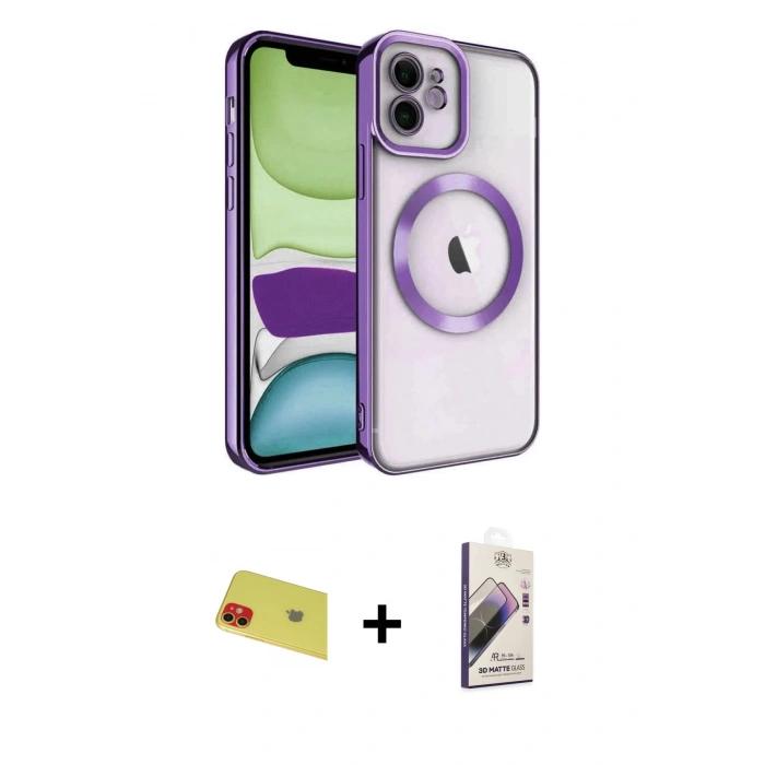 MARSİLYAN™- iPhone 11 Kılıf Nova Işık Özel Seri - Siyah Bilvis 3D Mat Cam Ekran Koruyucu + Kırmızı Rainbow Kamera Lens Koruma Cam