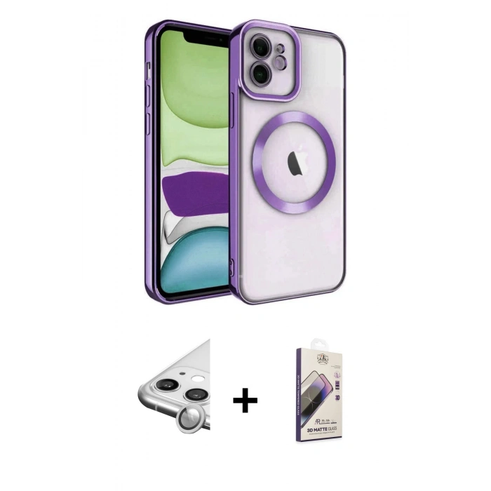 MARSİLYAN™- iPhone 11 Kılıf Nova Işık Özel Seri - Siyah Bilvis 3D Mat Cam Ekran Koruyucu + Raze Metal Kamera Lens - GS