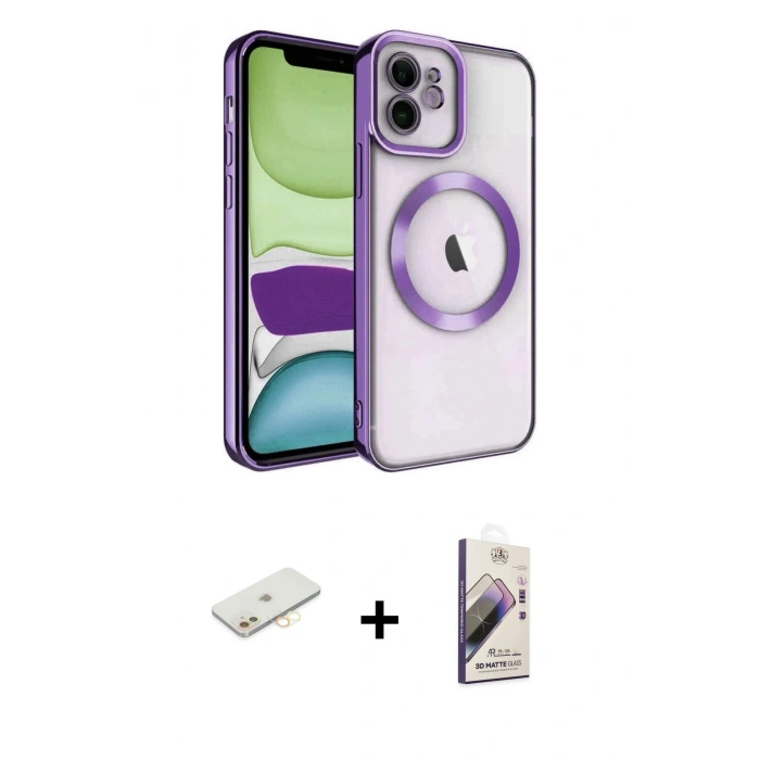 MARSİLYAN™- iPhone 11 Kılıf Nova Işık Özel Seri - Siyah Bilvis 3D Mat Cam Ekran Koruyucu + Renkli Kamera Lens Koruma Cam - SI