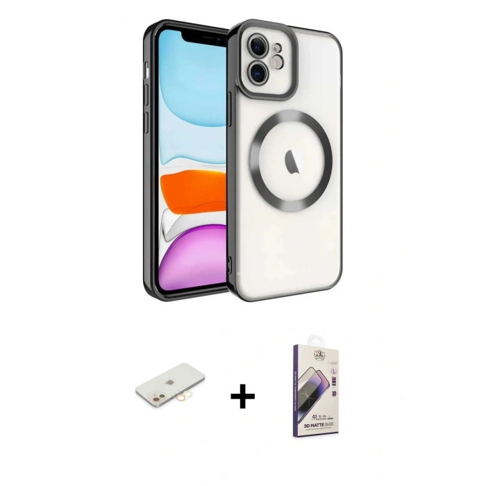 MARSİLYAN™- iPhone 11 Kılıf Nova Işık Özel Seri - Siyah Bilvis 3D Mat Cam Ekran Koruyucu + Renkli Kamera Lens Koruma Cam - SI