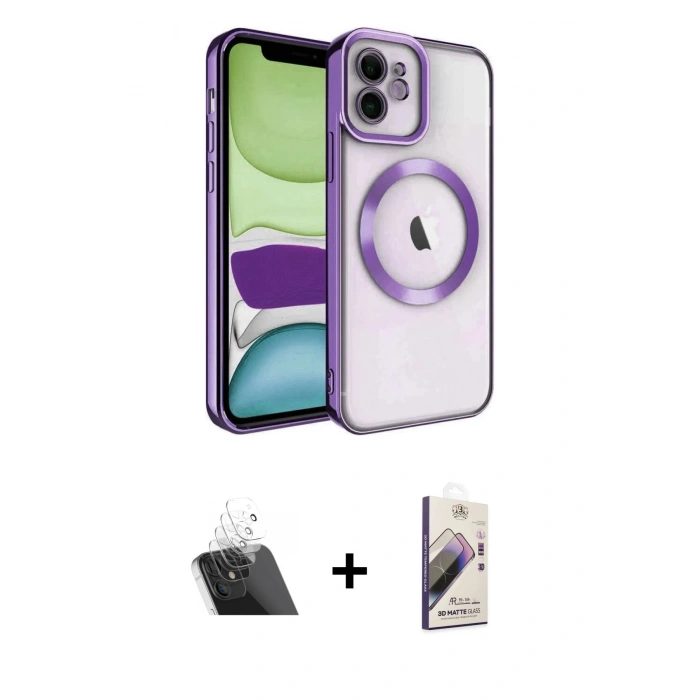 MARSİLYAN™- iPhone 11 Kılıf Nova Işık Özel Seri - Siyah Bilvis 3D Mat Cam Ekran Koruyucu + Şeffaf Kamera Lens Koruma Cam
