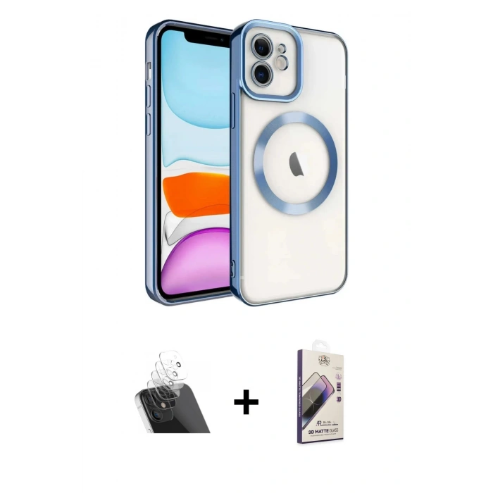 MARSİLYAN™- iPhone 11 Kılıf Nova Işık Özel Seri - Siyah Bilvis 3D Mat Cam Ekran Koruyucu + Şeffaf Kamera Lens Koruma Cam