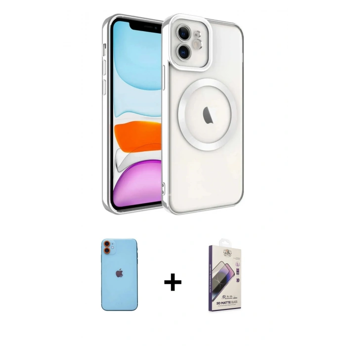 MARSİLYAN™- iPhone 11 Kılıf Nova Işık Özel Seri - Siyah Bilvis 3D Mat Cam Ekran Koruyucu + Turuncu Neon Fosforlu Kamera Lens