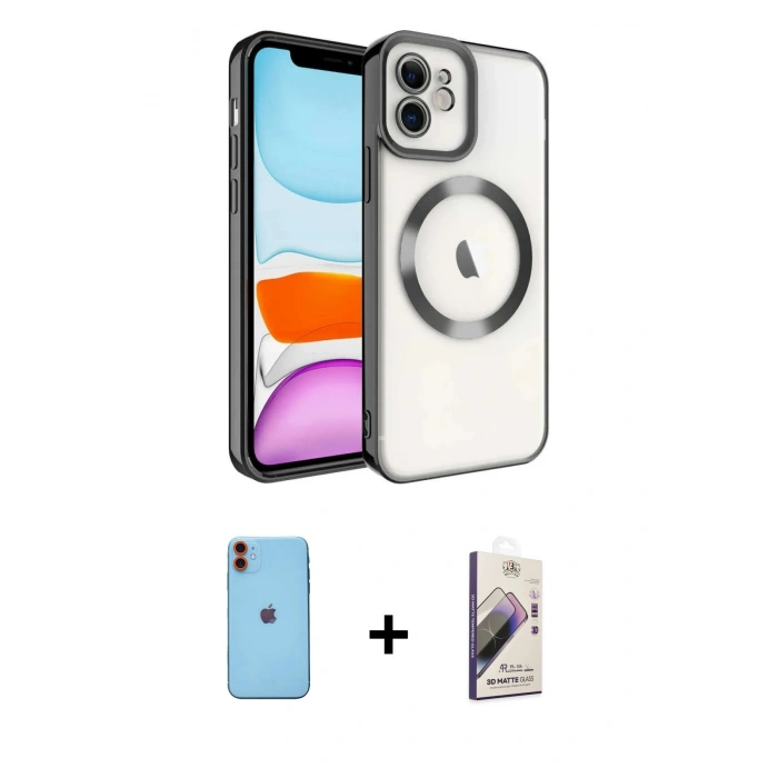 MARSİLYAN™- iPhone 11 Kılıf Nova Işık Özel Seri - Siyah Bilvis 3D Mat Cam Ekran Koruyucu + Turuncu Neon Fosforlu Kamera Lens