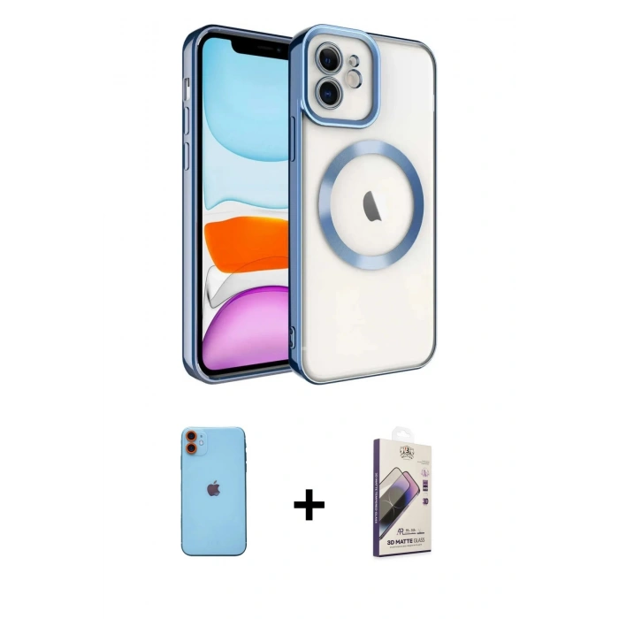MARSİLYAN™- iPhone 11 Kılıf Nova Işık Özel Seri - Siyah Bilvis 3D Mat Cam Ekran Koruyucu + Turuncu Neon Fosforlu Kamera Lens