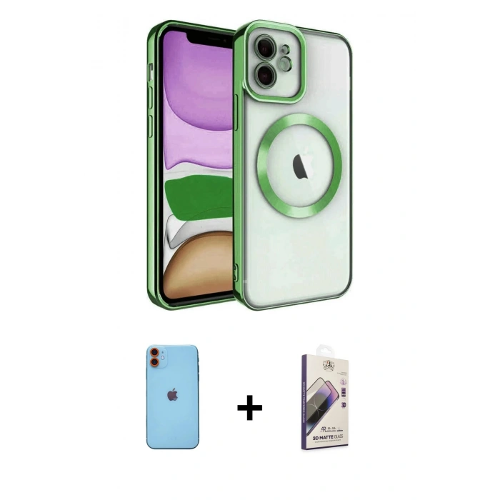MARSİLYAN™- iPhone 11 Kılıf Nova Işık Özel Seri - Siyah Bilvis 3D Mat Cam Ekran Koruyucu + Turuncu Neon Fosforlu Kamera Lens