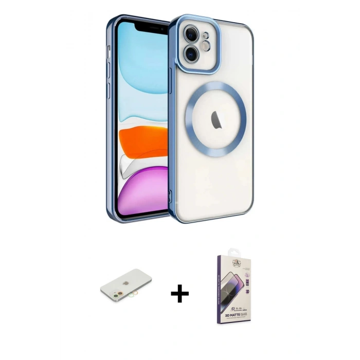MARSİLYAN™- iPhone 11 Kılıf Nova Işık Özel Seri - Siyah Bilvis 3D Mat Cam Ekran Koruyucu + Renkli Kamera Lens Koruma Cam - TU