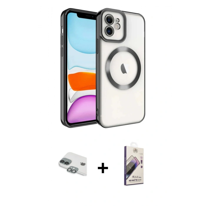 MARSİLYAN™- iPhone 11 Kılıf Nova Işık Özel Seri - Siyah Bilvis 3D Mat Cam Ekran Koruyucu + Pers Alüminyum Kamera Lens - YL